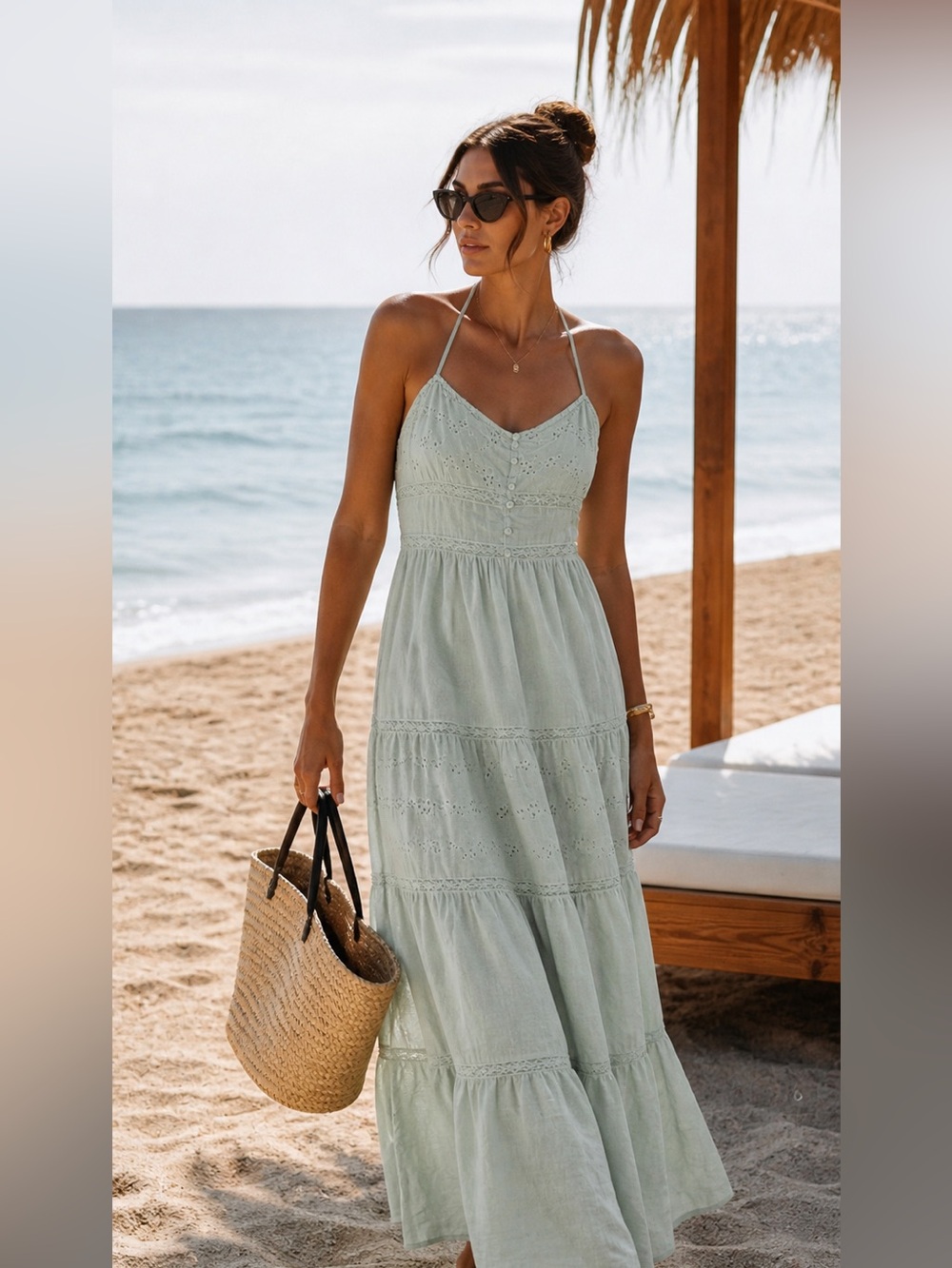 Mint Green Eyelet Maxi Dress Boho Luxe Summer Resort Sundress S/M